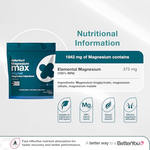 BetterYou Magnesium Glycinate, Citrate & Malate Supplement | 1942mg Magnesium Max Powder - Unflavoured, 3-in-1 Powder 375mg Elemental Absorbtion, Fast Absorbing, Fast Acting & Easy to Use