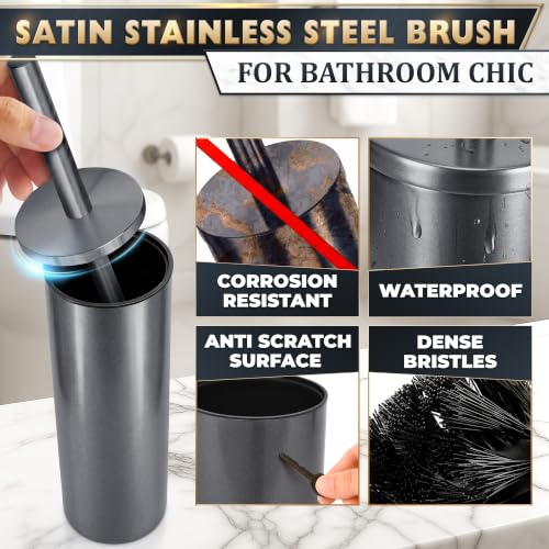 Image of Graphite Metallic Stainless Steel Toilet Brush and Holder Set | Toilet Bowl Brush and Holder with Splash Cover, Sturdy Bristles, Corrosion & Scratch Resistant, Elegant Design