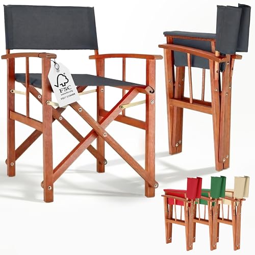 Casaria Regiestuhl aus FSC Eukalyptusholz - Klappbarer Gartenstuhl mit Armlehnen waschbarem Bezug & 46 cm Sitzhöhe bis 160 kg belastbar - Holzstuhl für Balkon Terrasse & Camping