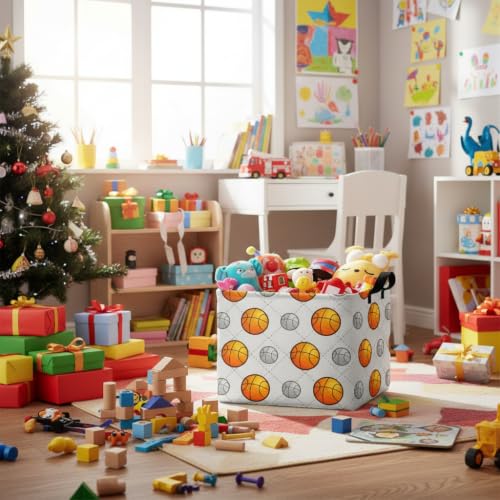 Image of Kid Cute Nursery Storage Basket Baby Toy Clothes Storage Bin Playroom Bedroom Decor Gift Basket (Basketball)