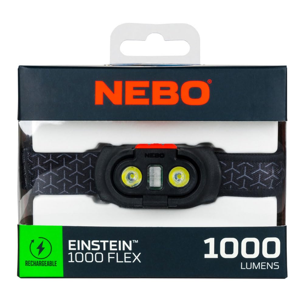 NEBO Einstein 1000 Flex - Lampada frontale ricaricabile con 5 modalità di illuminazione - Accessori per il campeggio e l'escursionismo - Torcia frontale per corsa e sport all'aperto