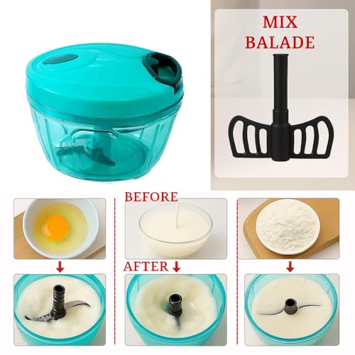 Image of Manual Food Chopper with Pull Cord, 3 Stainless Steel Blades - 450ml Vegetable, Fruit & Onion Cutter - Multipurpose Kitchen Tool (Green)