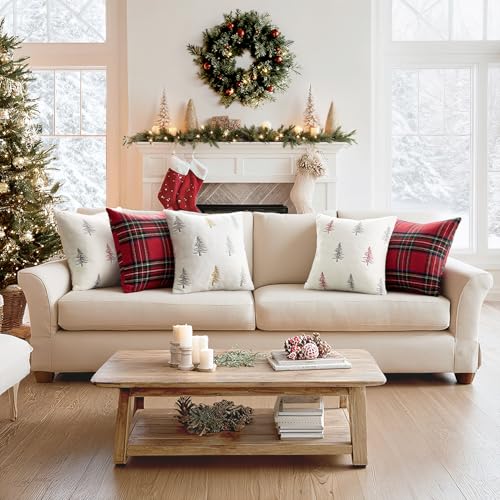 Image of MIULEE Christmas Decorative Pillow Covers Set of 2 Faux Fur Throw Pillows with Embroidered Christmas Tree 18x18 Inch White Gold Winter Couch Covers for Festival Sofa Bedroom Living Room Home Decor