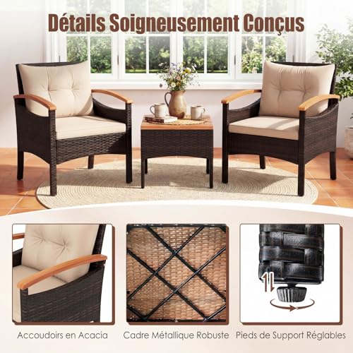 Ensemble jardin rotin PE 3 pcs acacia coussins TI92660FR COSTWAY