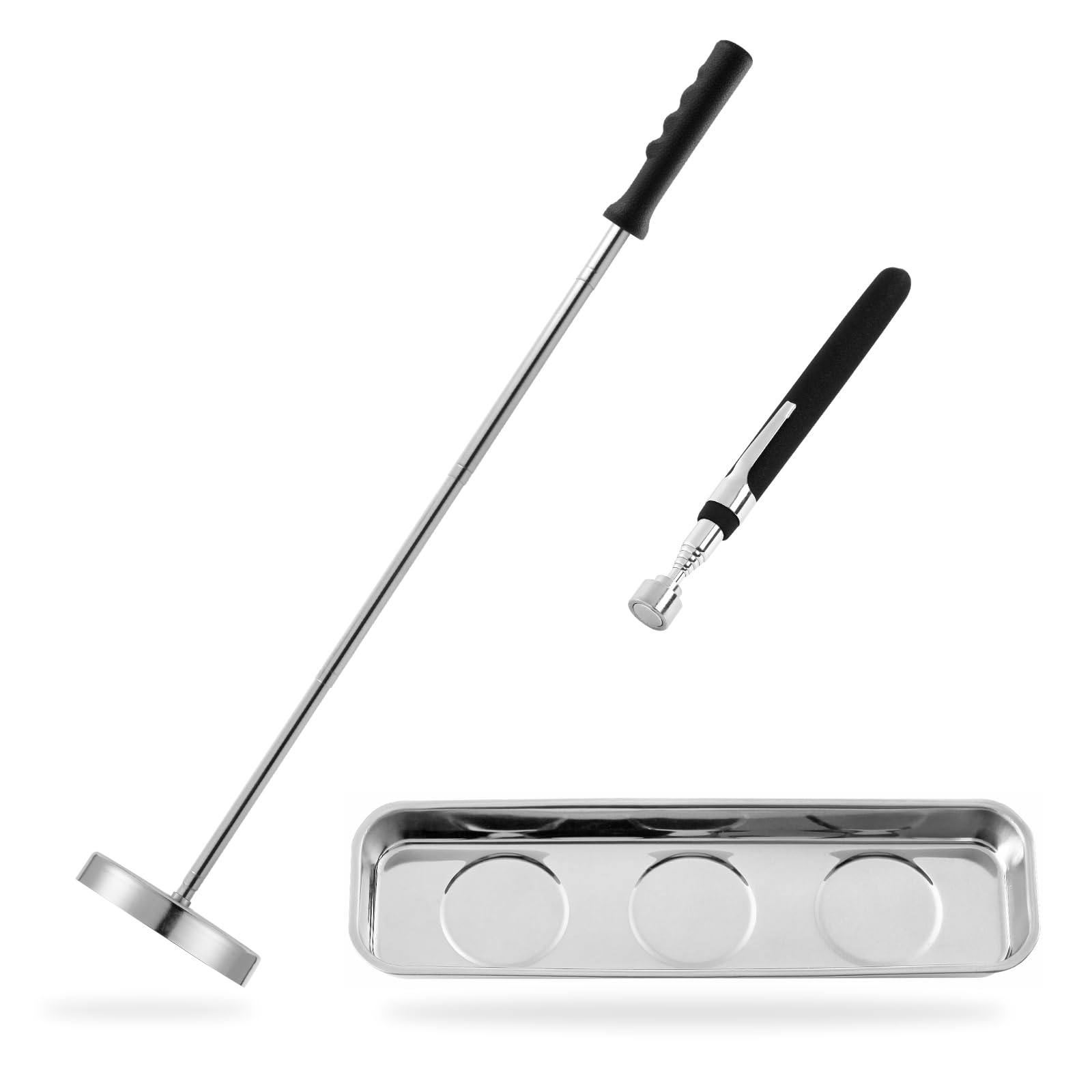 Rechabite 3PCS Magnetic Sweeper Telescoping Pick-up Tool, 35LB Screws Parts Finder, 3.5LB Magnet Stick, Rectangle Magnet Tray, For Pickup Nails, Metal