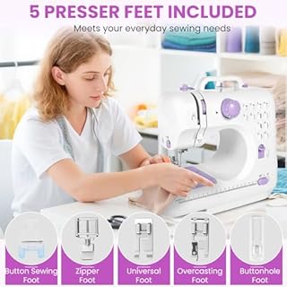 Mini Sewing Machine for Home Use, 12 Stitch Patterns, LED Light & Foot Pedal, 2-Speed Portable Electric Sewing Machine with 32 Spools Thread Kit for Beginners, Kids & Adults