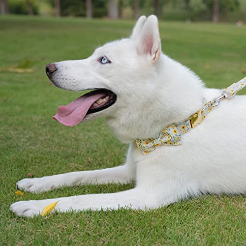 Image of Dog Collar Floral with Elegant Bow Tie Soft Comfy Cotton Adjustable Collar , Premium Metal Buckle for Puppy and Cat Small Medium Large（Daisy Flowers，L）