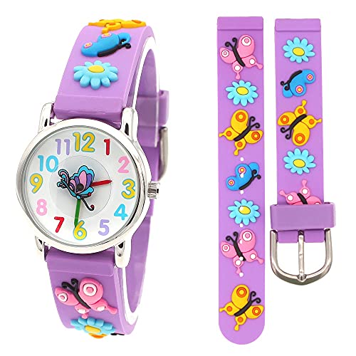 Reloj de niña Reloj de Mariposa 3D para niñas Reloj de Dibujos Animados Relojes Reloj de Cuarzo de Goma Relojes de Hora para niñas (Color : Purple Butterfly)