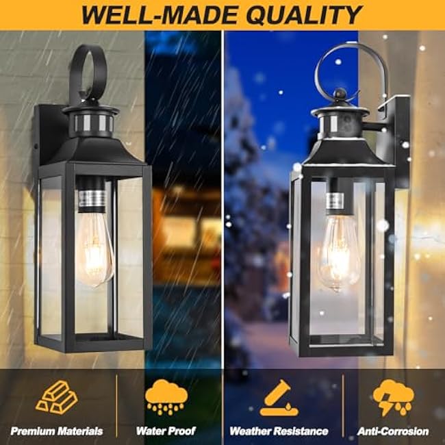 Motion Sensor Outdoor Wall Lights 2 Pack, Black Dusk to Dawn Light Fixtures Wall Mount, 16 Exterior Wall Sconces Waterproof, Large Outside Lamps for House, Modern Porch Lanterns 3 Modes