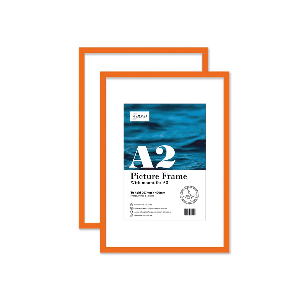 Almost Frameless Orange A2 Picture Frame Set Of 2, Display A3 Pictures With Mount Or A5 Without Mount Gallery Wall, Poster, Photo, Artwork, Or Print,