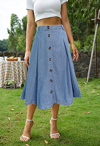 Herbatomia Midi Denim Pleated Skirt High Elastic Waist A-Line Button Front Casual Flared Long Jean Skirts With Pocket For Women #TOP1