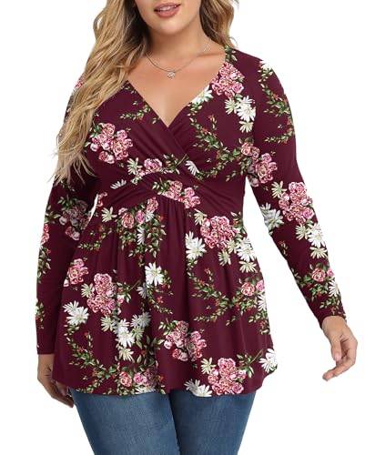 TIANZHU Women's Plus Size V Neck Long Sleeve Tunics Tops, F Wine, 4XL