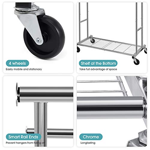 Bextsware Clothes Garment Rack On Wheels, Expandable Double Rails Heavy Duty Commercial Grade Hanging Clothes Organizer Stand Clothing Rack with Mesh Bottom Shelves for Boxes Shoes Storage, Chrome