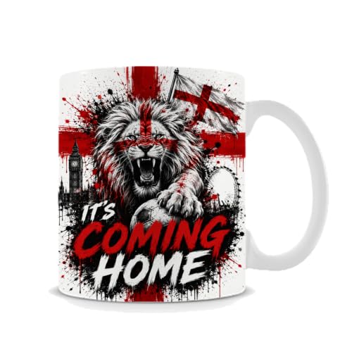 Image of It’s Coming Home England Football Lion Mug | St. George Cross Soccer Fan Coffee Mug | England Supporters Gift | 11oz Coffee, Tea, Ceramic Mug.