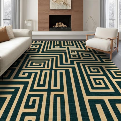 ODIKA Flatwoven High Traffic Area Rug 8x10, Interlocking Greek Key Maze Featuring Midcentury Modern Flair, Non Slip, Stain Resistant, Washable Area Rugs for Living Room, Bedroom (Green, 8x10)