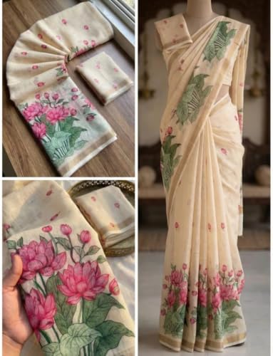 Image of Women's Linen Cotton Blend Saree Multicolor Ikat Brush Print Scalloped Border with Floral Print Unstitched Blouse Piece