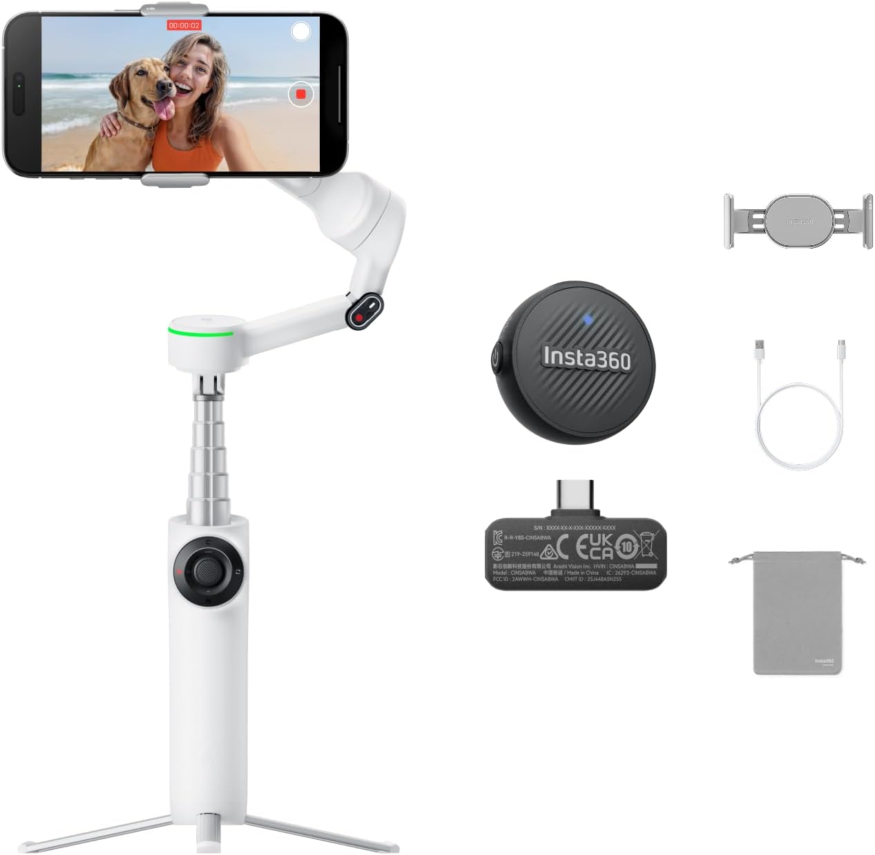 Flow 2 Pro Mic Bundle White– Foldable AI Phone Gimbal, 3-Axis Stabilization, Tracks in 200+ Apps with Apple DockKit, Mic Air, Multi-Person & 360 Pan Tracking, Built-in Tripod & Selfie Stick.