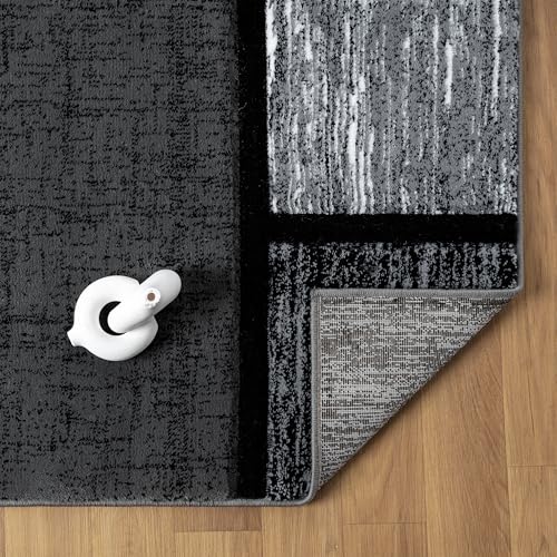 Image of Modern 5x7 Grey-Black Square Geometric Living Room Rug - Area Rugs for Living Room Dining & Bedroom - Hand Carved Runner Carpet - Durable Polyester - Non-Fade Stain-Resistant - Turkish Made