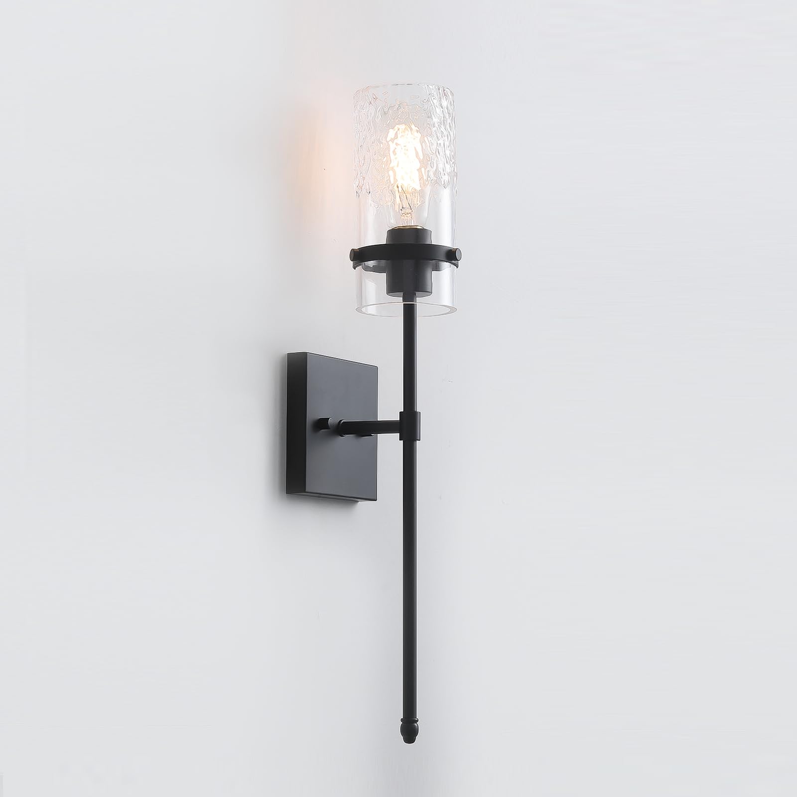 Black Wall Sconce Modern Sconces Wall Lighting with Clear Hammered Glass Shade,Bathroom Wall Sconce for Hallway Living Room Fireplace Bedroom