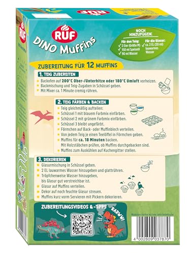 RUF Dino Muffins Komplettset Backmischung für dreifarbige Muffins mit Zuckerglasur, bunten Dino-Streuseln und Motiv-Pickern, lustiger Backspaß mit Kindern, ideal für Geburtstage, inkl. Förmchen