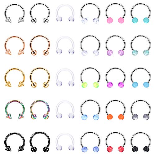 LOLIAS 30Pcs 16G Surgical Steel Horseshoe Nose Septum Rings Piercing Jewelry Cartilage Helix Tragus Earring Hoop Lip Horseshoe Piercing Retainer for Women Men 8mm 10mm