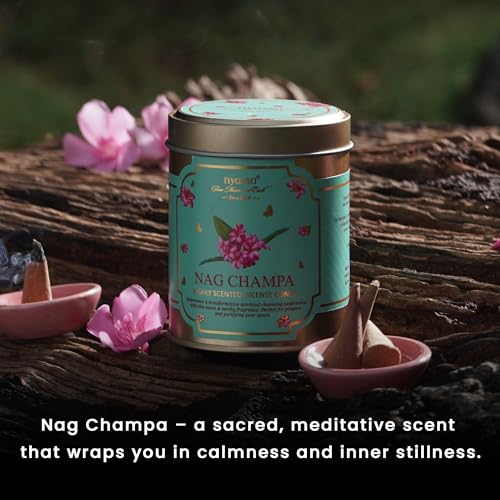 Image of Nyassa Nag Champa Highly Scented Incense Cone | Pure Long-Lasting Dhoop Cones for Pooja, Meditation, Home Fragrance | 40 Dhoop Cones in Tin Box (100g)