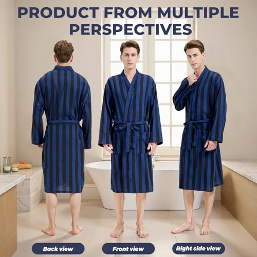 Men's Cotton Bathrobe Mid Length Big and Tall Kimono Collar Plaid Men Robe2