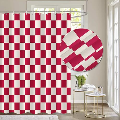 Tititex Aesthetic Checkerboard Grid Pattern Faux Linen Fabric Shower Curtain, White Beige Red Modern Shower Curtain Sets Decoration 71x71 Inch with 12 Hooks