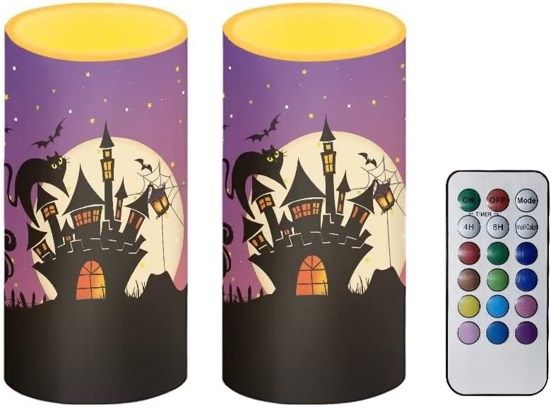 Cozeyat Halloween Decorative Tealights,2 Pieces Flameless Candles Black Cat and Castle Flickering Candles,Plastic Moving Flame Votive Tea Lights for Indoor Outdoor Decoration