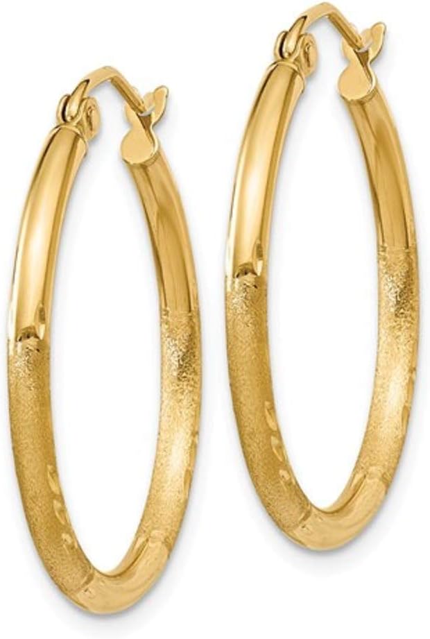 14k Yellow or White Gold Diamond Cut Hoop Earrings with Click-down Clasp, (2mm Tube)