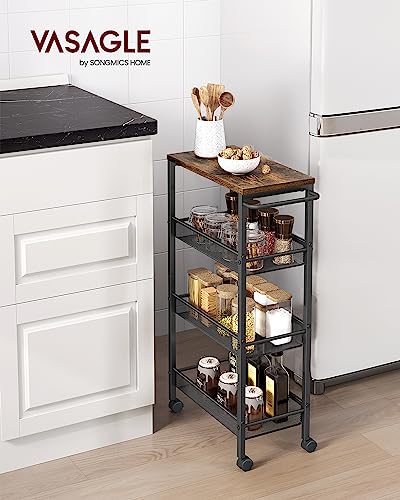 Image of VASAGLE Slim Rolling Cart, 4-Tier Storage Cart, Narrow Cart with Handle, 8.7 Inches Deep, Metal Frame, for Kitchen, Dining Room, Living Room, Home Office, Rustic Brown and Classic Black ULRC033B01