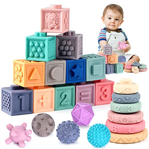 Baby Toys for 6-12 Months, Montessori Toys for Babies 0-3-6-12 Months, Infants Stacking Building Blocks & Newborn Sensory Balls, 3 in 1 Developmental Education Toys for Toddlers 12-18 Months