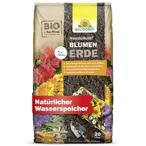 Neudorff NeudoHum BlumenErde 20L Bio - Torffreie Zimmerpflanzen Erde für Innen und Außen - fördert kräftige Blumen und viele Blüten