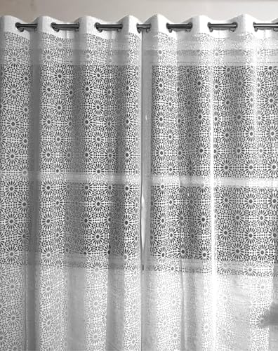 Image of Fabrilia Geometric Pattern Net Semi Sheer Grommet Curtains for Living Room /Bedroom, 5 feet Window, White, Set of 2