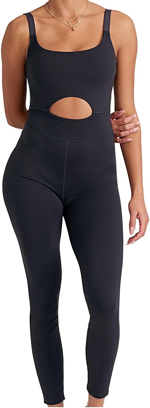 POPSUGAR PS One Piece Black Jumpsuit for Women, Sleeveless Bodysuit Workout Womens Jumpsuits Romper with Shelf Bra Built in