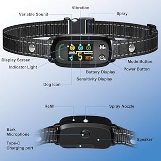 Collier Anti-aboiement PUGTOW Collier pour Chien à la Citronnelle sans Choc, Dispositif Rechargeable Anti-aboiement - Collier de Dressage pour Chiens avec 5 Modes (Vibration/Son/Spray) pour S/M/L