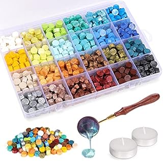 XiYee Sealing Wax Beads Set, 600 Pieces Octagonal Sealing Wax Beads, 24 Colours Sealing Wax Beads with 1 Spoon and 2 White Candles for Wax Envelopes, Letters, Wedding Invitations, Cards