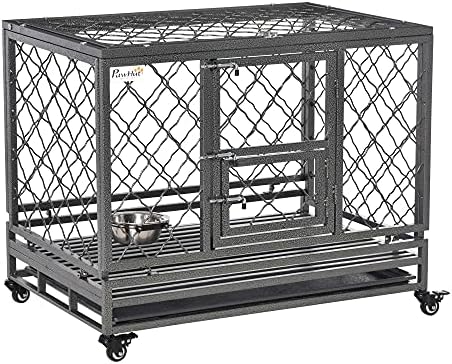 PawHut Heavy Duty Dog Crate Metal Kennel and Cage Dog Playpen with Lockable Wheels, Slide-Out Tray, Food Bowl and Double Doors