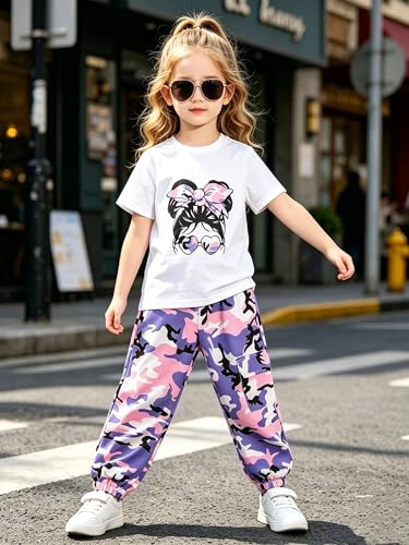 Image of Girls 6 Piece Outfits Casual Cargo Jogger Pants and Basic Love Graphic Print Short Sleeve Top Set 4-12 Years