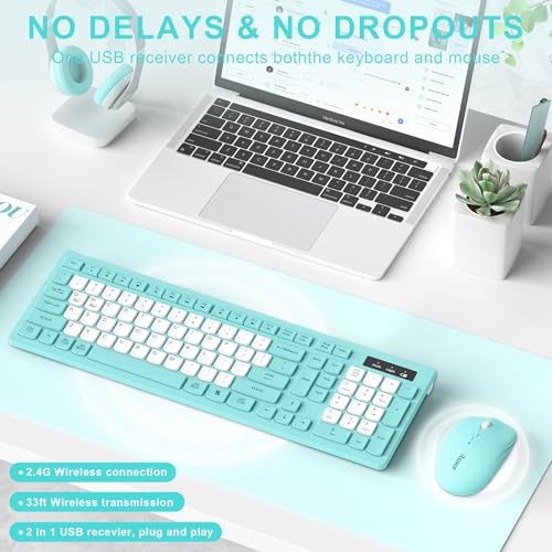 Image of Wireless Keyboard and Mouse Combo, Full-Sized Quiet Wireless Keyboard and Adjustable DPI Mouse, 2.4GHz USB Receiver, Keyboard and Mouse for PC, Windows, Desktop, Laptop (Tiffany Blue and White-B)