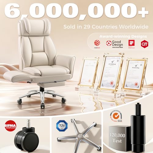 Image of Big and Tall Office Chair, Flip Armrests for Pets & Cross Legged Sitting, Ergonomic Leather Executive Desk Chair with Foot Rest, High-Back Reclining Computer Chairs for Home Office Gaming, Beige