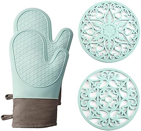 Domonic Home Oven Mitts and Pot Holders Sets, Silicone Oven Mitts Heat Resistant 600F, Oven Mitt Set Soft Lining Good Grip, Oven Gloves and Trivet Mats 4 Piece Set, Aqua Sky