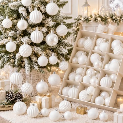 Lunmon 64 Pcs White Christmas Ball Ornaments Modern Xmas Tree Decorations | 1.57/1.97/2.36 Inch, Shatterproof Glossy Matte Xmas Bulbs, Elegant Christmas Decoration for Tree Winter Indoor Party Decor
