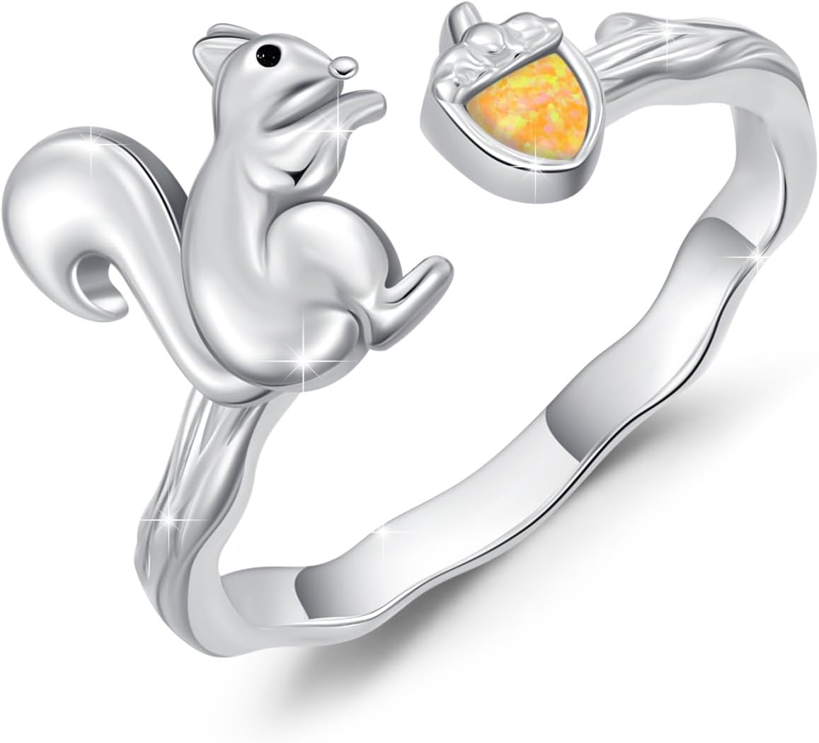 OHAYOO Squirrel Rings 925 Sterling Silver Squirrel Christian Rings Open Ring Jewelry Gifts for Women Squirrel Lovers