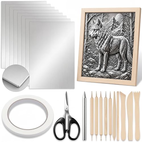 Yaocom 22 Pcs Metal Embossing Kit for Beginners 0.3mm Thick Aluminum Sheets with Embossing Tools Stylus Tracing Paper and Felt Pad 8x12 Inch DIY Metal and Craft Set for Art