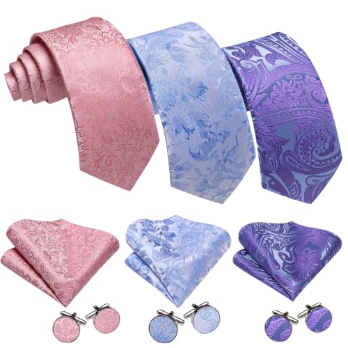 Image of Barry.Wang 6 PCS Men Ties Set Silk Business Fashion Woven Necktie Handkerchief Cufflinks Paisley Stripe Wedding Party