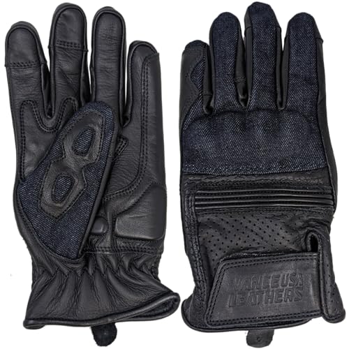 Vance Leather USA Denim & Leather Motorcycle Gloves (Black) with Mobile Phone Touchscreen (3XL, Black)