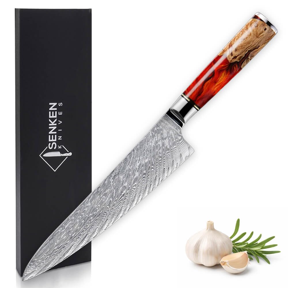SENKEN Damascus Steel Chef's Knife - Tsunami Collection - 67-Layer Japanese VG10 Steel Core - Unique Blue Resin & Natural Wood Handle, Razor Sharp, Beautiful Damascus Wave Pattern (8" Chef's Knife) — Amazon image 8