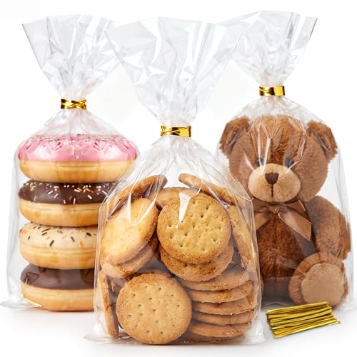 Horbin Cellophane Treat Bags 100 Pack With Twist Ties, 6×10 Inch Clear Cello Bags, Food-Grade Plastic Gift Bags For Cookies, Candy, Party Favors.