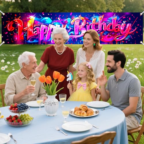 Image of Nuxovilar Graffiti Birthday Banner 78x17 inch Polyester | Party Decor, Birthday Event, Home Gathering, Indoor Backdrop, Wall Accent (Neon)